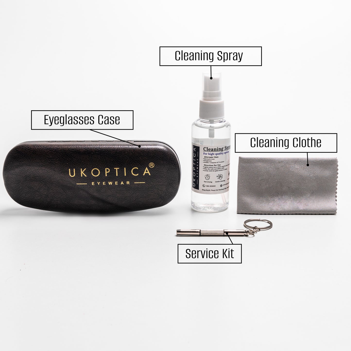 UKOPTICA® Spectacle Cleaning Kit + Hard Case + Fitting Tool